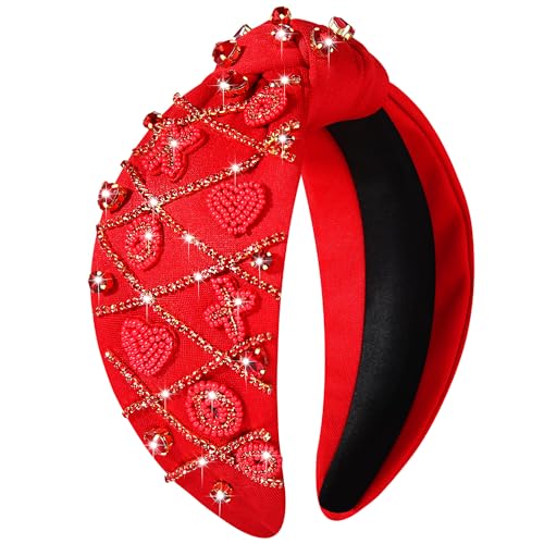 NVENF Crystal Rhinestone Heart Knotted Wide Headband for Women