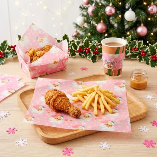 Pink Santa Deli Paper Sheets for Food Wrapping - Christmas Party Supplies, 150 Pack
