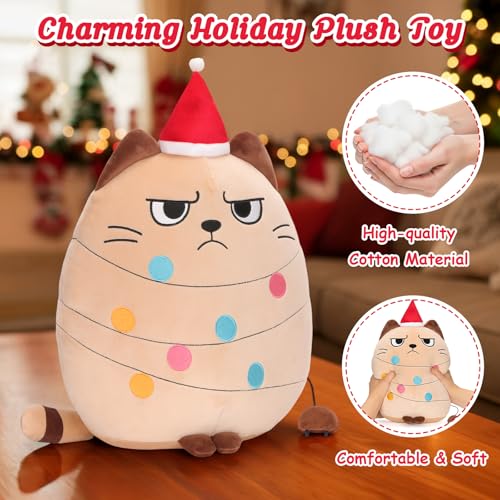 AGIFTMIND 12 Inch Beige Christmas Cat Plush Pillow - Holiday Decor & Gift