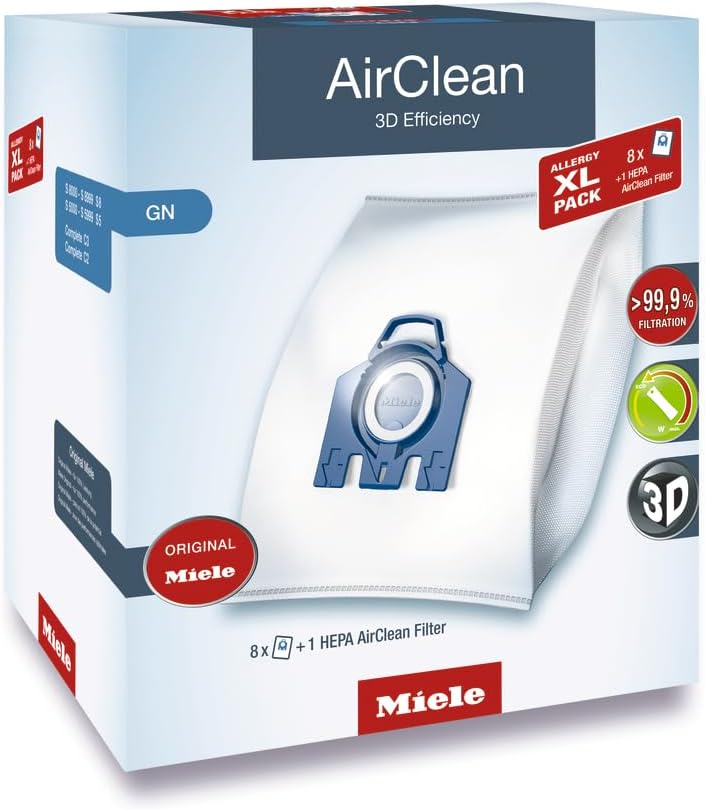 Miele Genuine AirClean GN Vacuum Cleaner Bags - Allergy XL Pack with 8 Bags & 1 HEPA Filter for Complete C2/C3