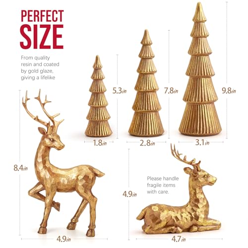 Reindeer Christmas Decoration and Mini Trees Set - Rose Gold Holiday Tabletop Decor