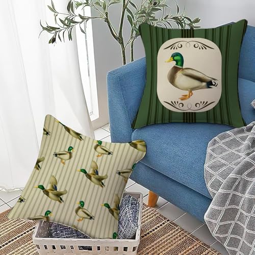 Vintage Mallard Duck Throw Pillow Covers 18x18, Set of 2 - Cotton Linen