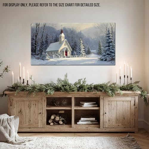 Winter Scene Canvas Wall Art - Snowy Landscape Rustic Church Christmas Decor - 24x32 Inches