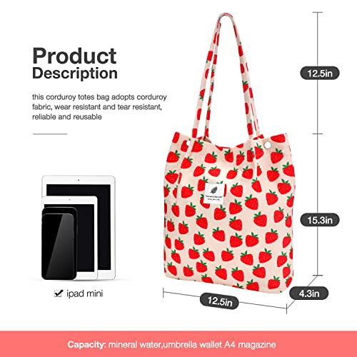 Large Strawberry Corduroy Tote Bag for Women - Reusable Grocery Shoulder Purse with Pockets