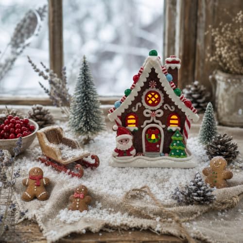 Lighted Gingerbread House Decor - 6.5 Inch Clay Christmas Display