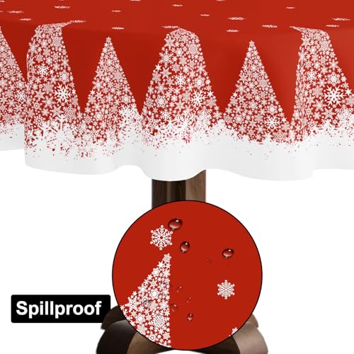 Christmas Tablecloth 70 Inch Round Red Snowflakes Tree Theme Spillproof Washable Fabric Xmas Decor - Variation Xmas Tc 08 / 70"