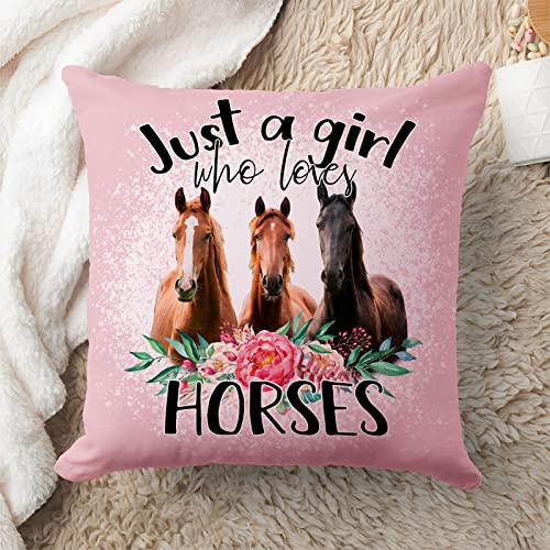 PreLiving Just A Girl Who Loves Horses Pink Pillow Cover 18x18 Inches – Farmhouse Animal Decor for Girls & Women