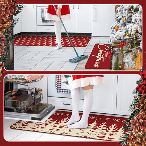 Christmas Tree Kitchen Rugs Set - Pinecone Snowman Snowflake Non Slip Mat, 3 Sizes