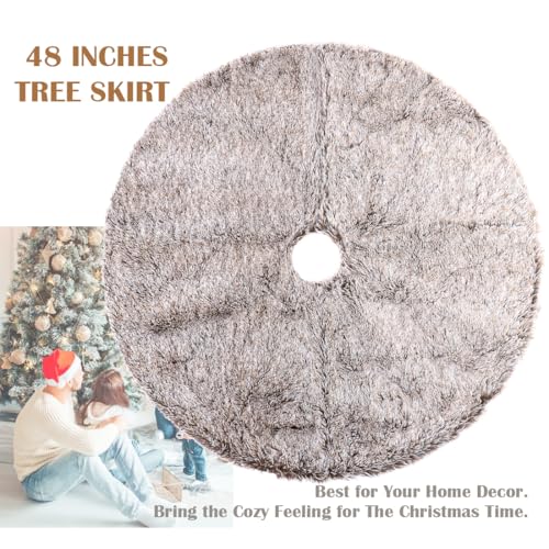 48 Inch Brown Faux Fur Christmas Tree Skirt - Plush Holiday Decor