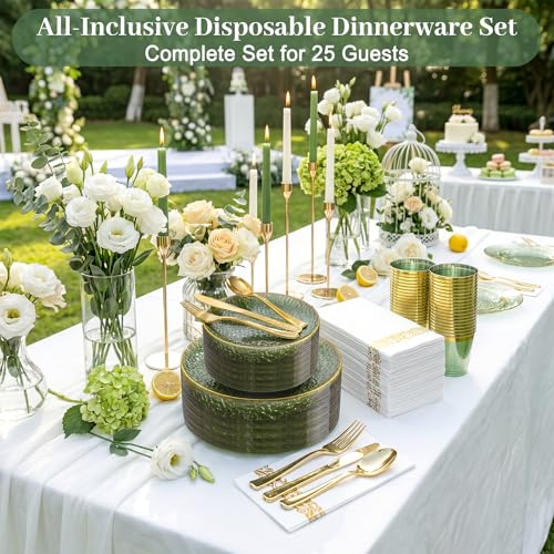 Sage Green Plastic Dinnerware Set for 25 Guests - 175 Pieces, Gold Rim & Hammer Pattern