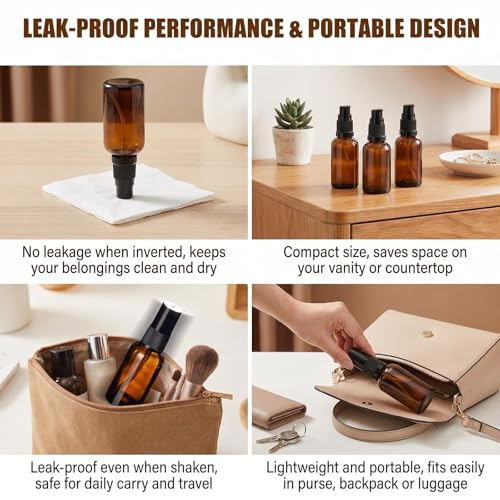 QUUPY 3-Pack 30ml Amber Glass Pump Bottles for Lotion and Essential Oils