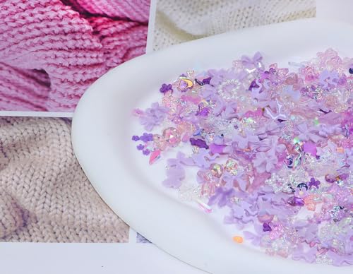 3D Nail Charms Resin Art Gems Multi Shapes Butterfly Flower Bow Purple 100Pcs