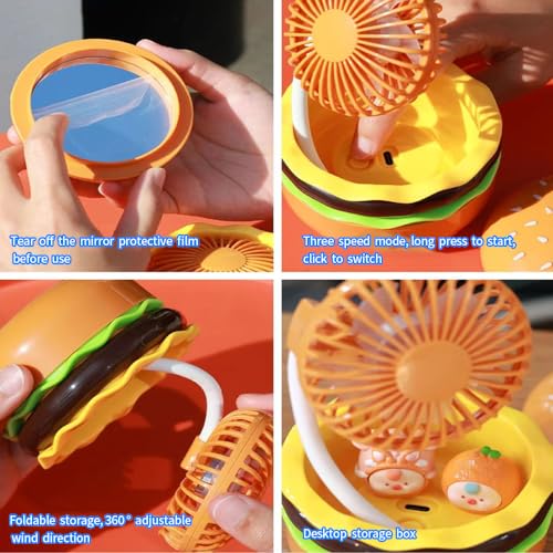 Rechargeable Hamburger Mini Fan with Mirror - 3-Speed Cute Toy