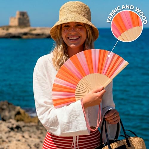 Fisura Colorful Pink and Orange Stripe Wooden Folding Fan with Wrist Strap – Summer Travel & Beach Accessory