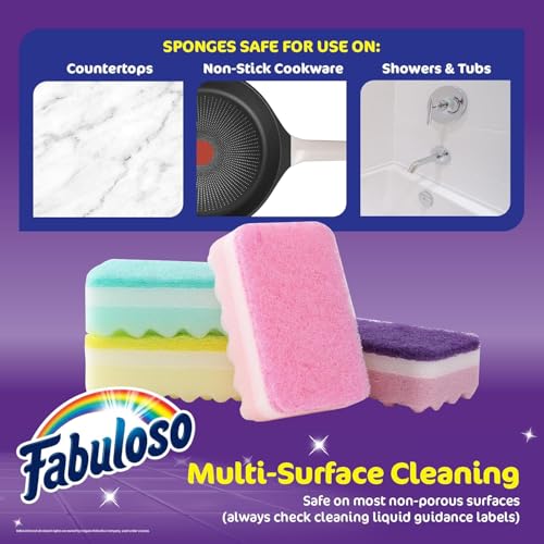 Fabuloso Rainbow Kitchen Dish Sponges - Scratch-Free, Dual-Side Cleaning, 4-Count Pack
