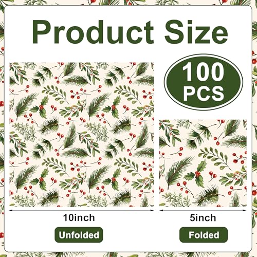 100PCS Christmas Holly Cocktail Napkins 5x5 Inches Disposable Holiday Tableware