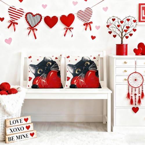 OTOSTAR Valentine's Day Decorative Pillow Covers Set of 2 - 18x18 Inch Red Heart Black Cat