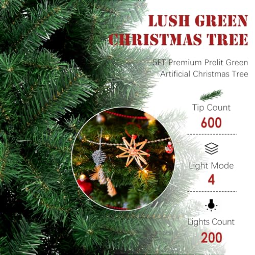 Pre-Lit Green Small Christmas Tree 5FT with 600 PVC Branches & 200 Warm Lights - Variation of Prelit Green / 5ft