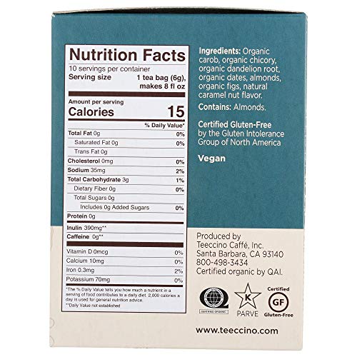 Teeccino Caramel Nut Herbal Tea Bags - Caffeine-Free, 10 Count Pack of 4
