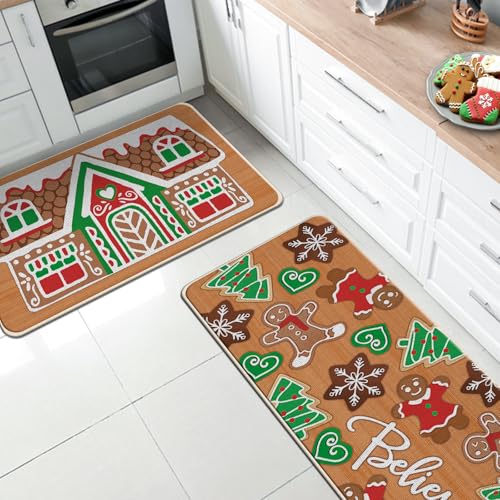 Christmas Gingerbread House Kitchen Rugs Set of 2 - Khaki 17x29 + 17x47 Inches
