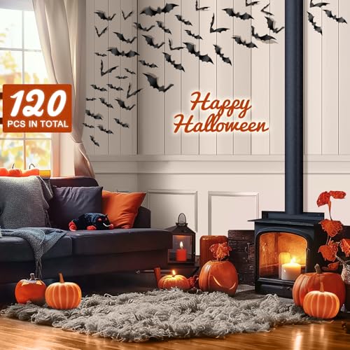 120PCS Halloween Bat Wall Decor - 3D Scary PVC Stickers