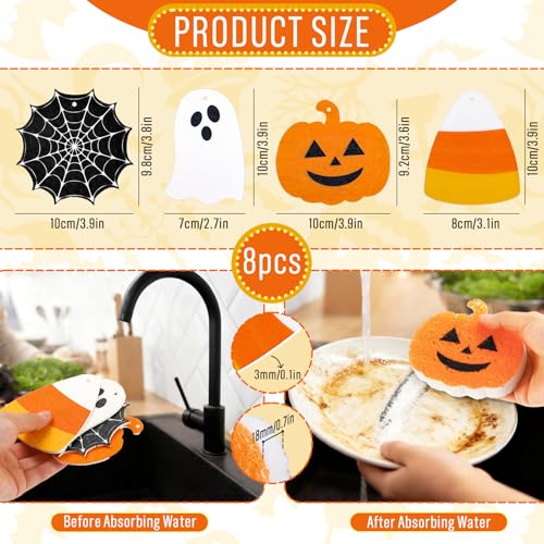 8-Pack Halloween Kitchen Sponges - Cute Ghost, Pumpkin & Corn Designs