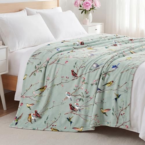 Horaldaily Green Bird Branch Flannel Throw Blanket, 40x50 Baby Size