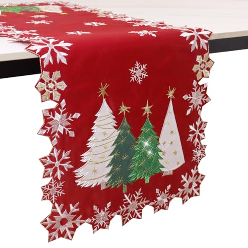 Christmas Tree Table Runner 13x48 Inch Red Embroidered Snowflakes Holiday Decor