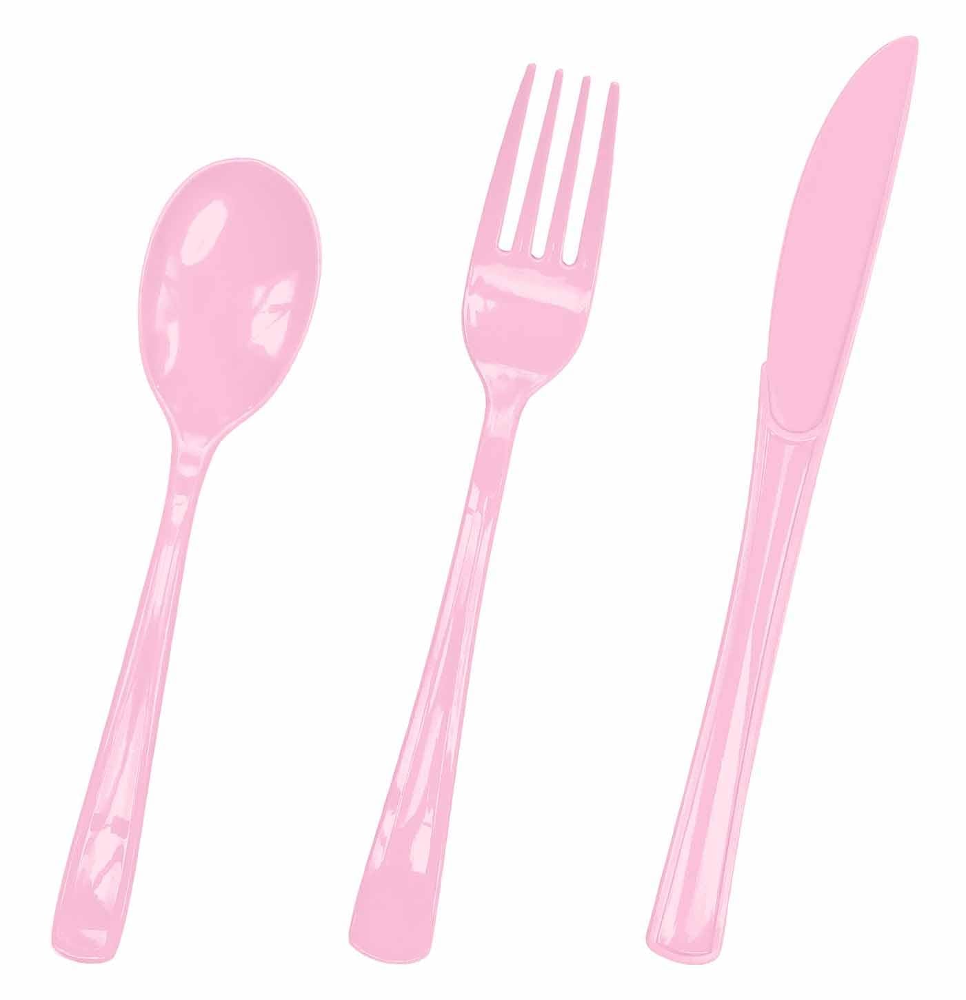 HEIPINIUYE 75 Pack Light Pink Plastic Cutlery Heavy Duty Baby Pink Plastic Knives Forks and Spoons Disposable Silverware Set for 25 Guest Camping Birthday Baby Shower Party Cutlery Set
