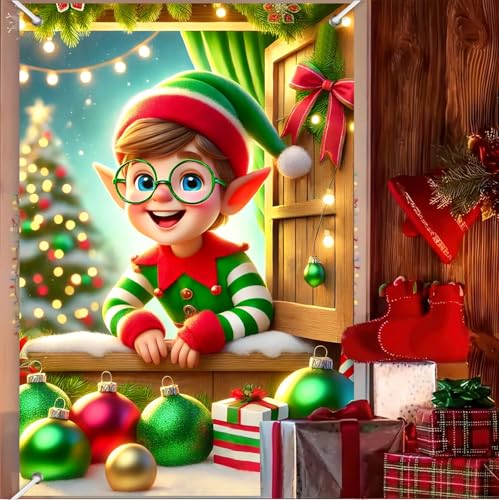 BlissYard Christmas Elf Window Cover 31x47 Inch Polyester Decor
