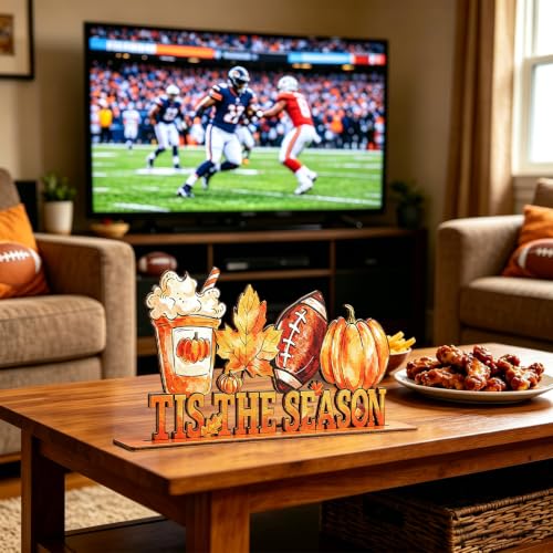 Autumn Football Decor Wooden Table Sign - Pumpkin & Maple Leaf