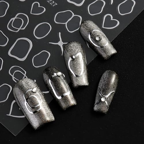 FOXIIU 6 Sheets Silver Nail Art Stickers, 3D Self-Adhesive Moon Star Floral Decals