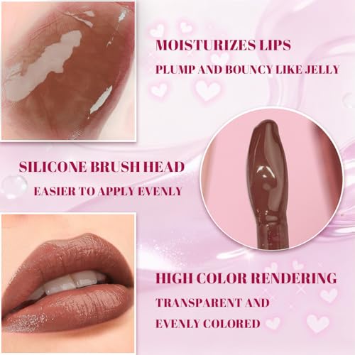 WanTuoluo Jelly Lip Gloss Hydrating Glass-Like Shine Lip Tint (B05 Chocolate)