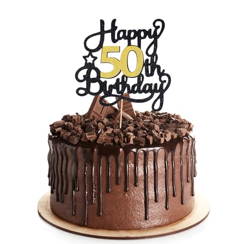 Elegant Black Gold Glitter 50th Birthday Cake Topper