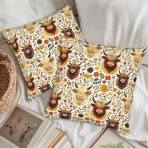 Highland Cow Throw Pillow Covers 18x18 Set of 2 - Floral Farmhouse Decor