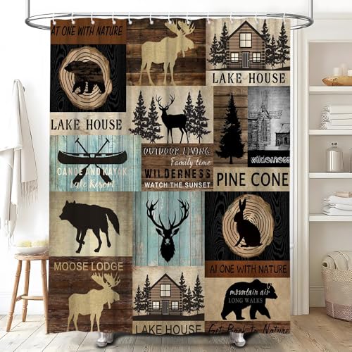 Rustic Cabin Shower Curtain 70" x 70" - Bear & Deer Design for Bathroom