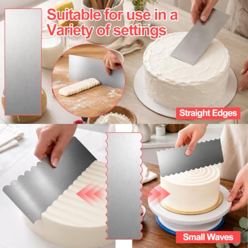 4 Pack Stainless Steel Cake Scrapers - Textured Icing Smoothers for Baking