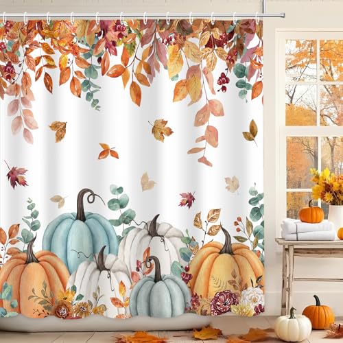 Yellow Pumpkin Shower Curtain with Maple Leaves - 72x72 inches