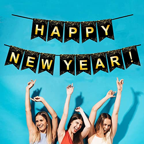 10FT Black and Gold Happy New Year Banner for Party Decorations