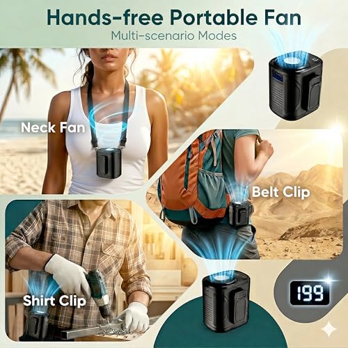 Rechargeable Waist Fan with 13000RPM Airflow - Hands-Free, 12H Runtime