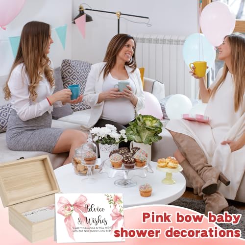 50 PCS Pink Bow Baby Shower Advice Cards with Wooden Keepsake Box