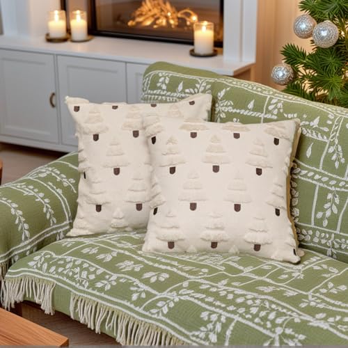 PARBEE Christmas Throw Pillow Covers 2-Pack, 18x18 Inch Fluffy Sherpa with Tree Embroidery