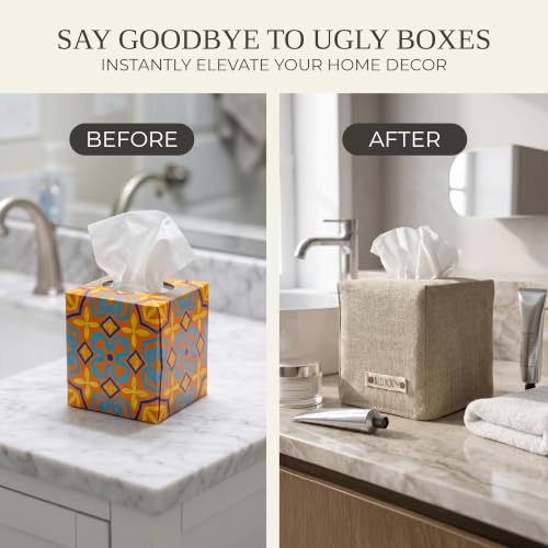 KIBAGA Beige Linen Square Tissue Box Cover - Decorative Facial Tissue Holder