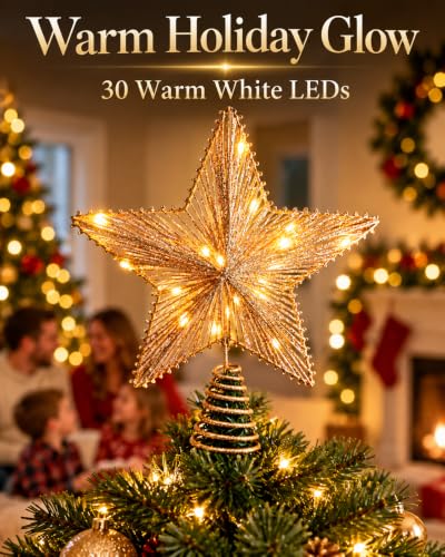 Noiclub Gold Glitter Christmas Tree Topper Star for 6-8FT Trees - Battery Operated, 10 Inch, Warm White LED Lights, Festive Holiday Decor - Golden01