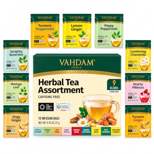 VAHDAM Assorted Herbal Tea Sampler - 18 Tea Bags, 9 Flavors, Caffeine-Free & Non-GMO - Pack of 1
