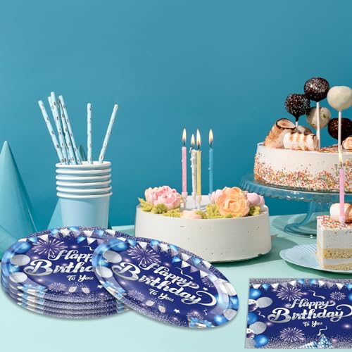 Navy Blue and Silver Birthday Party Tableware Set - Plates and Napkins