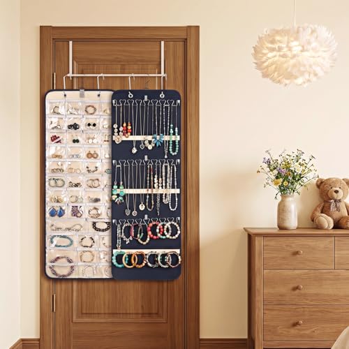 Oqqlin Double-Sided Hanging Jewelry Organizer with 43 Pockets & 21 Hooks