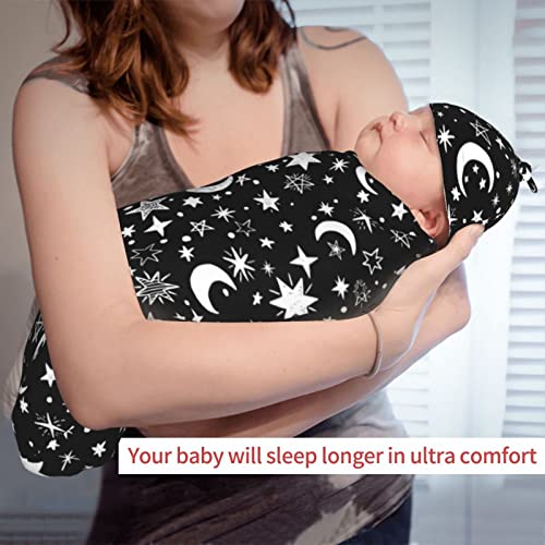Moon Star Swaddle Blanket Set for Baby Boys & Girls - Soft Stretchy with Hat
