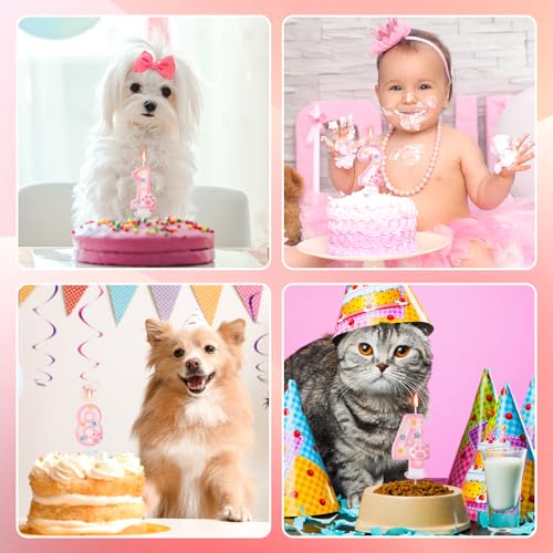 Pink Number 1 Dog & Cat Birthday Candle with Paw Print Cake Topper