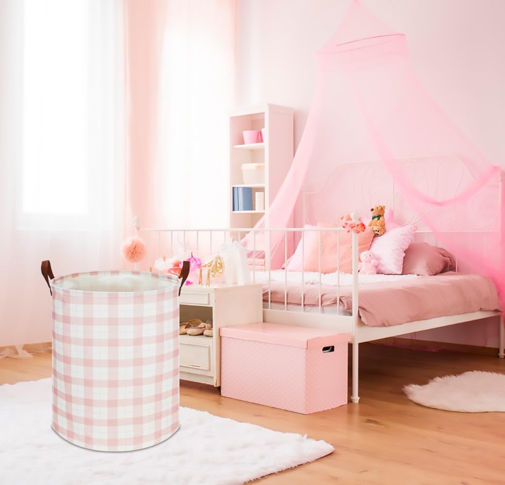 CLOCOR Laundry Basket, Waterproof Pink Nursery Hamper, Collapsible Fabric Storage Container, Room Decor, Gift Basket(Pink Grid)